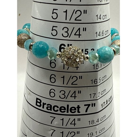 Turquoise Beaded Stretch Bracelet Gold Rhinestone Accent - Picture 2 of 5